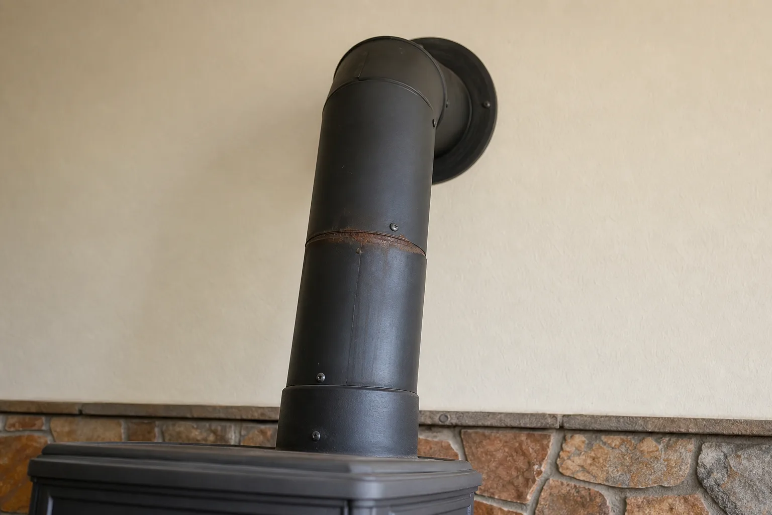 Wood stove repair safety check: a rusting stovepipe connector joint where the pipe enters the wall
