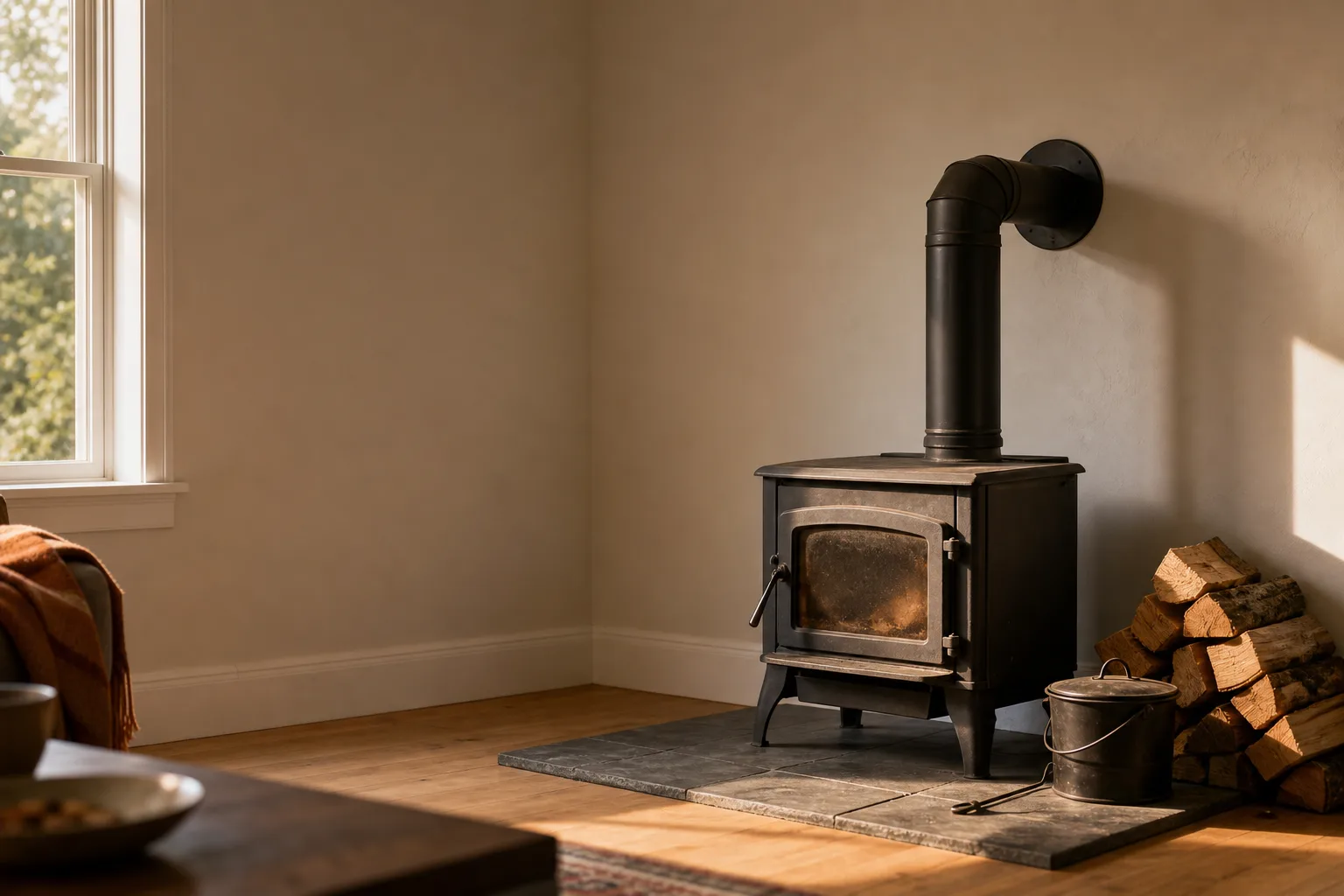 Wood stove repair starts cold: a matte black wood stove on a hearth pad with browned door glass