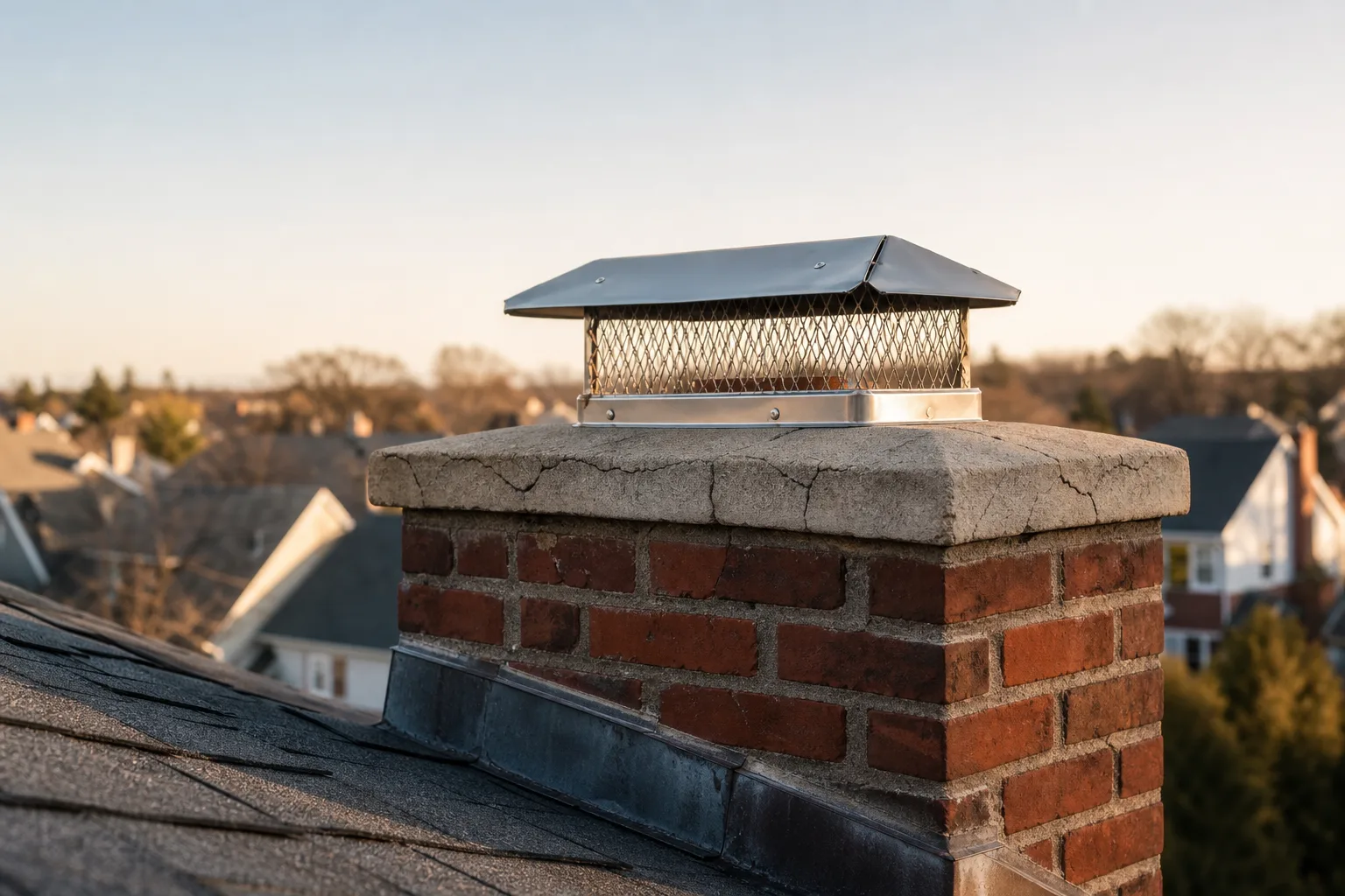 Masonry work on a chimney crown, cap and roofline flashing viewed from above the roof