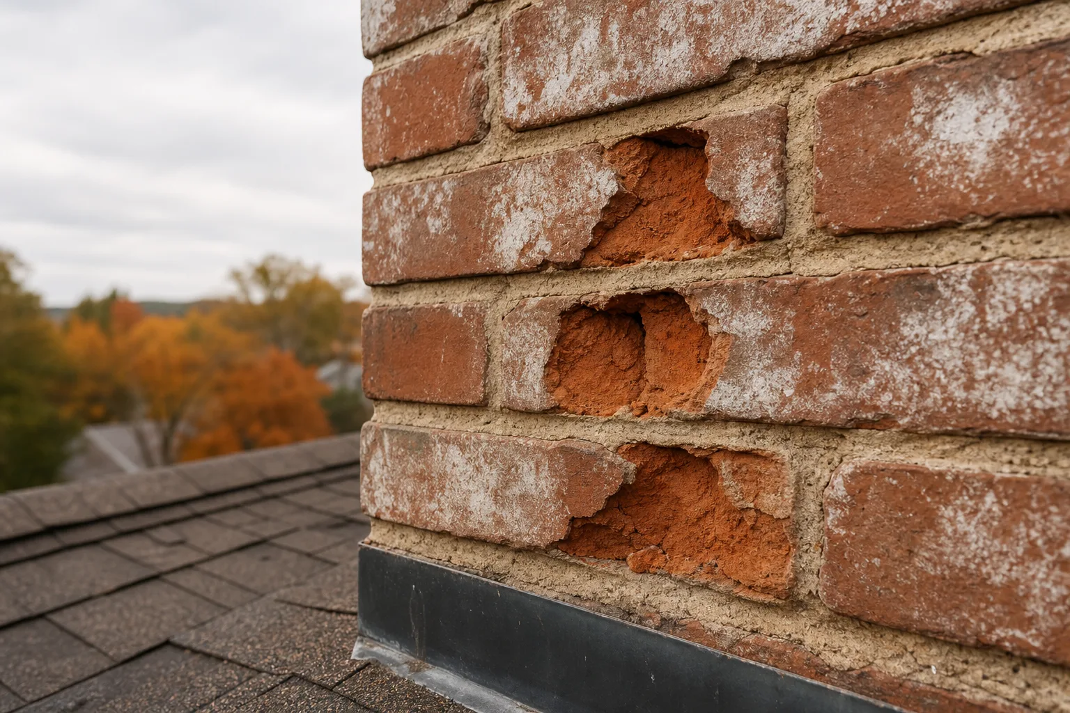 Masonry work indicators: spalled brick faces and white efflorescence on an exterior wall