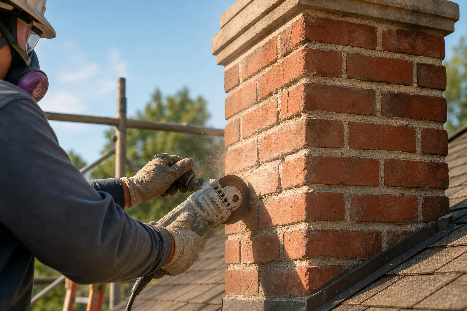 Masonry work in progress: a mason grinding out failed mortar joints before repointing