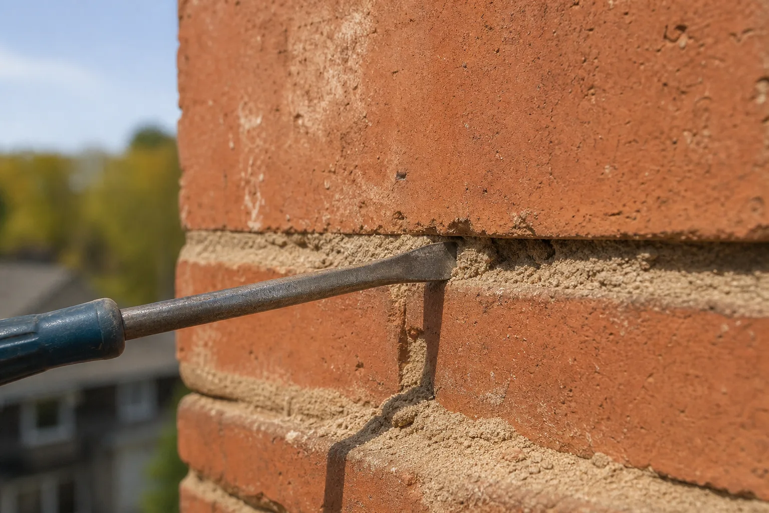 Masonry work assessment showing a screwdriver sinking into a crumbling mortar joint