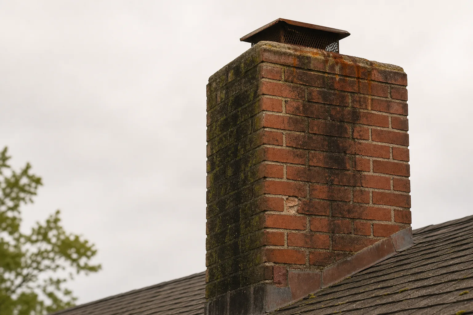 Masonry cleaning before: chimney in typical condition with streaks, algae and tired mortar joints