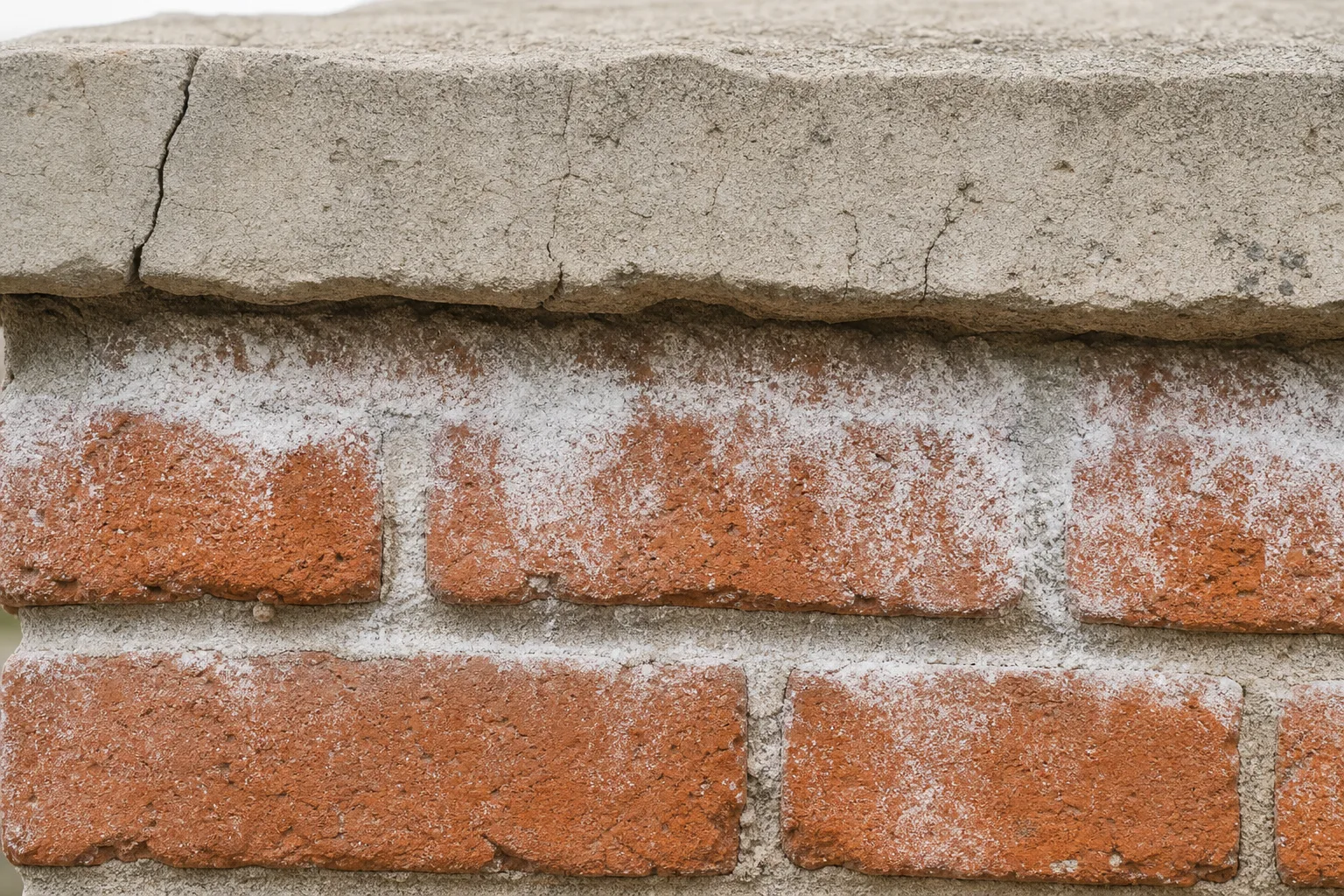 Masonry cleaning diagnosis: white efflorescence bloom on brick below a weathered chimney crown