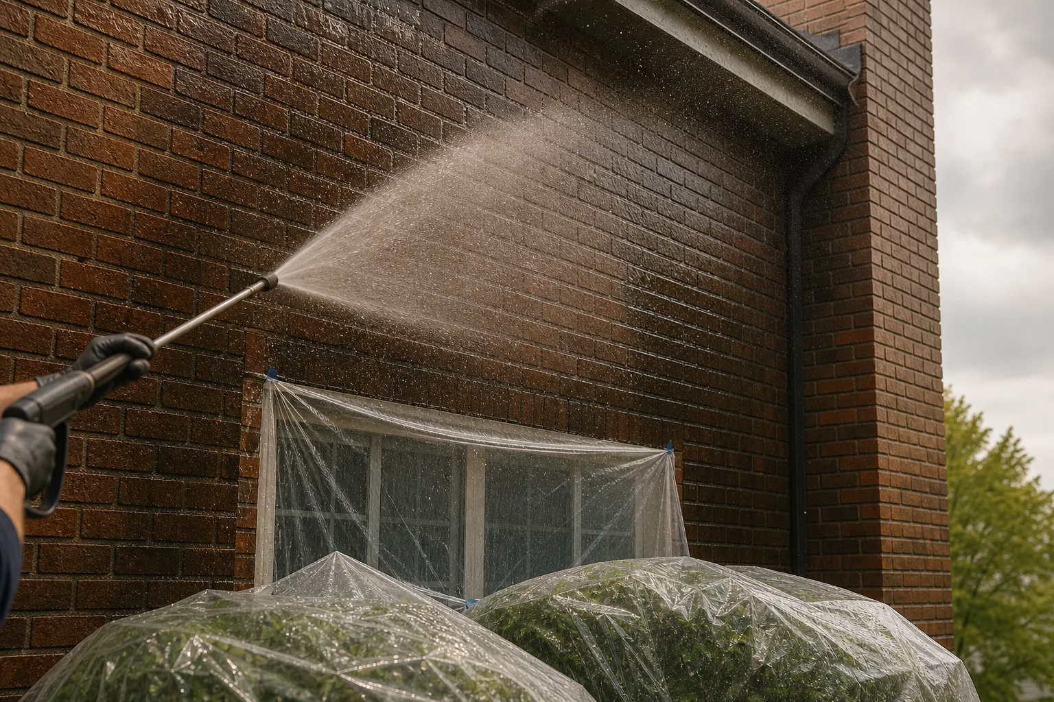 Masonry cleaning technique: low-pressure wide fan spray on a pre-saturated brick wall