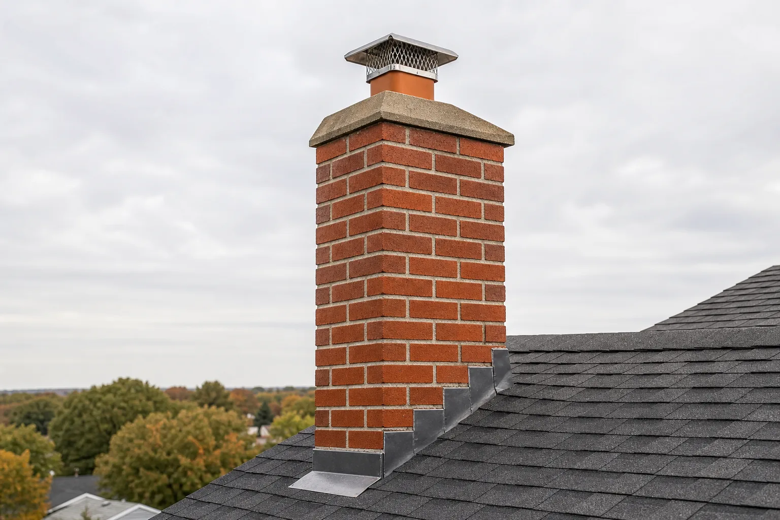 Masonry cleaning on a chimney: cap, crown, flue tile, brick courses and stepped flashing