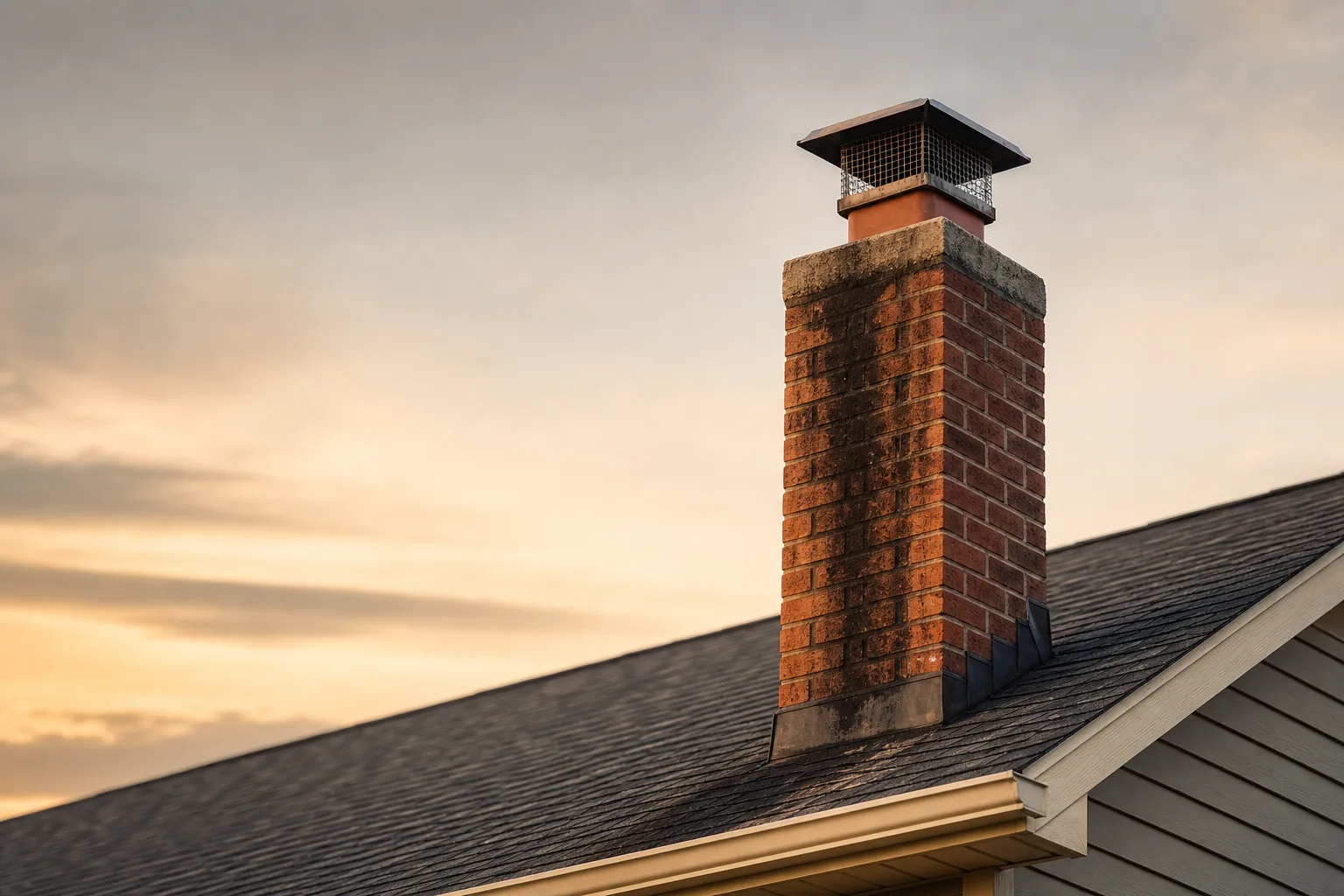 Masonry cleaning candidate: brick chimney with black creosote streaks running down the stack