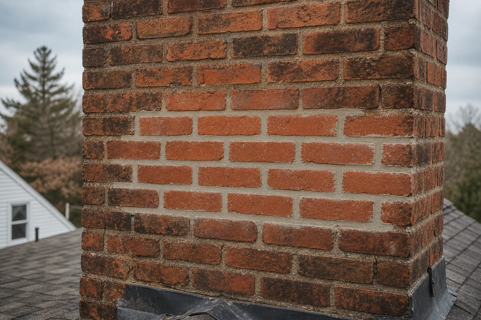 Masonry cleaning sequence: freshly repointed mortar joints curing on an old brick chimney