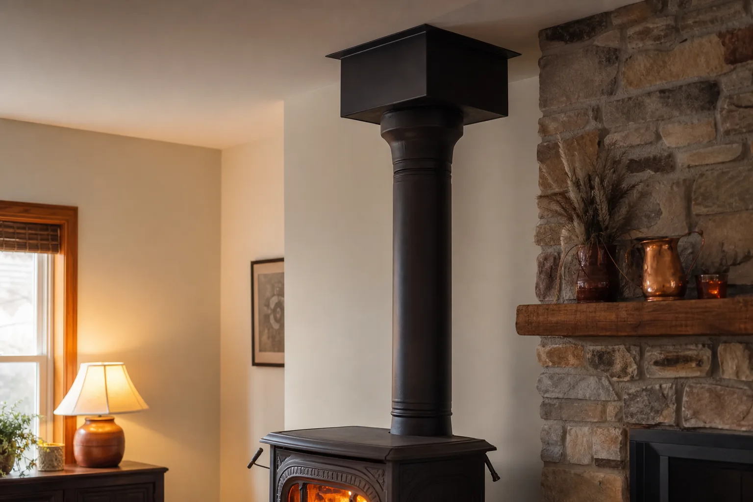 Chimney pipe transition where black connector pipe meets the ceiling support box