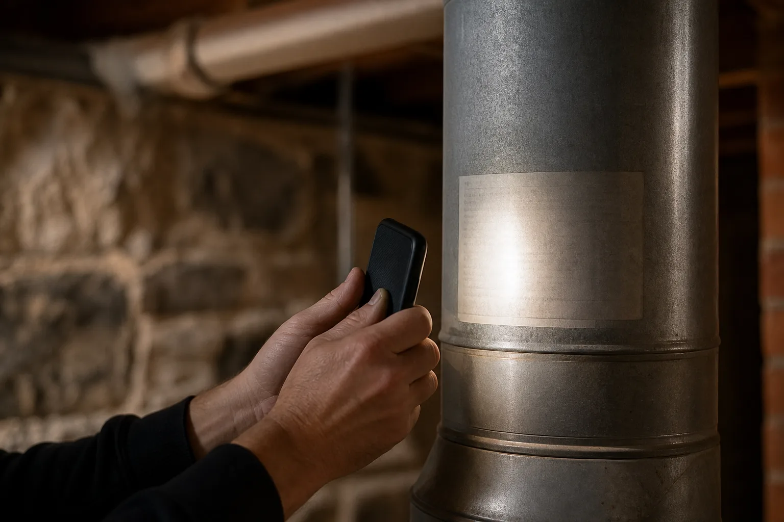 Chimney pipe label being read with a phone flashlight in a dim basement