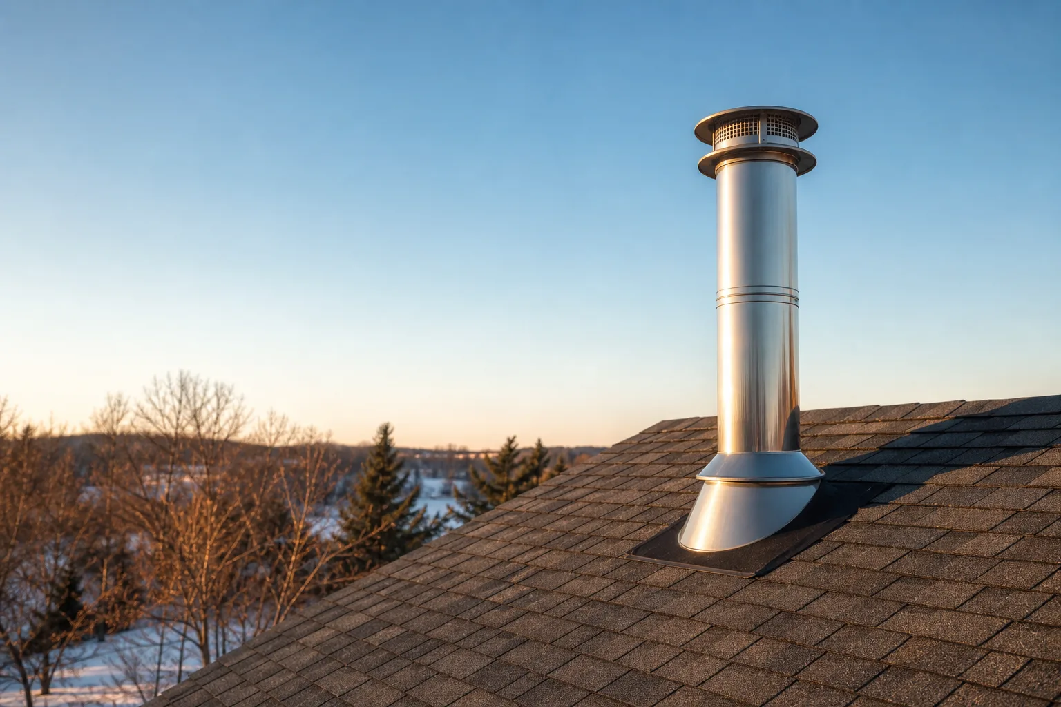 Chimney pipe rising through a shingle roof with storm collar and rain cap