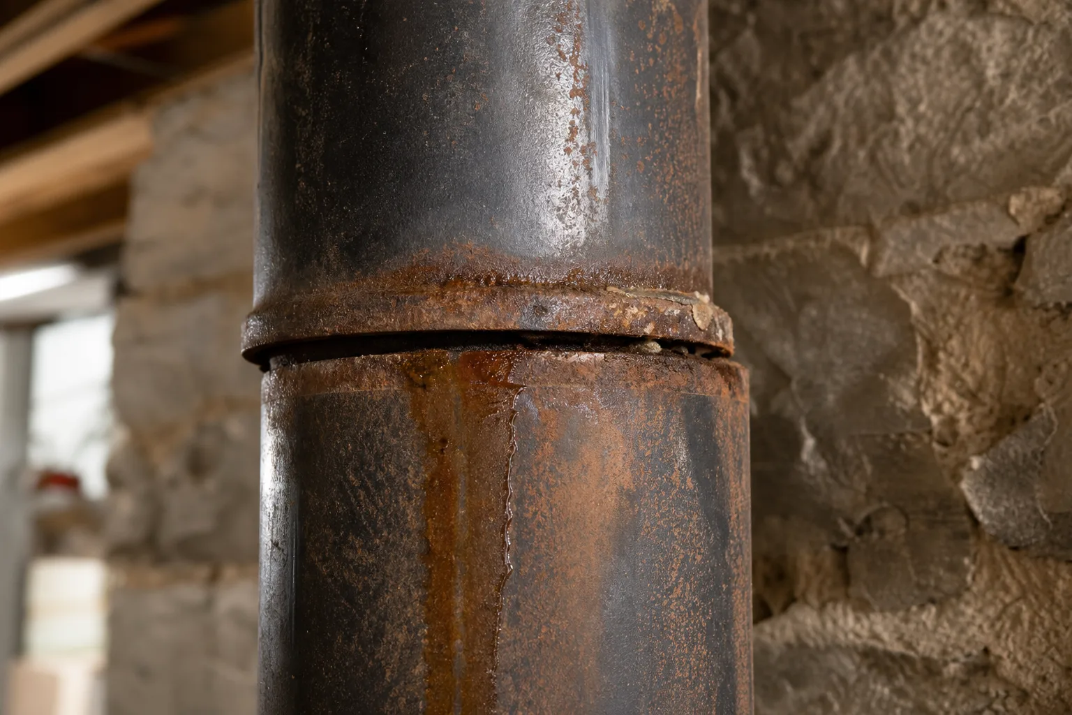 Chimney pipe failure signs, rust at the joint and a slightly separated connector seam