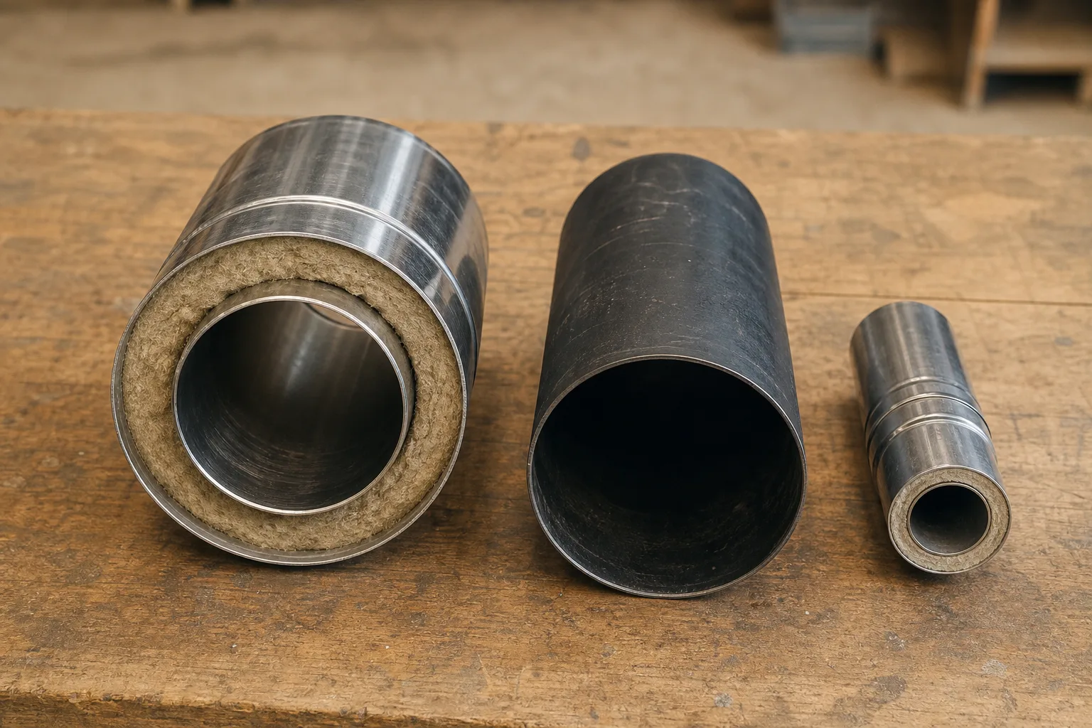 Chimney pipe types compared side by side, insulated Class A, single wall, and pellet vent