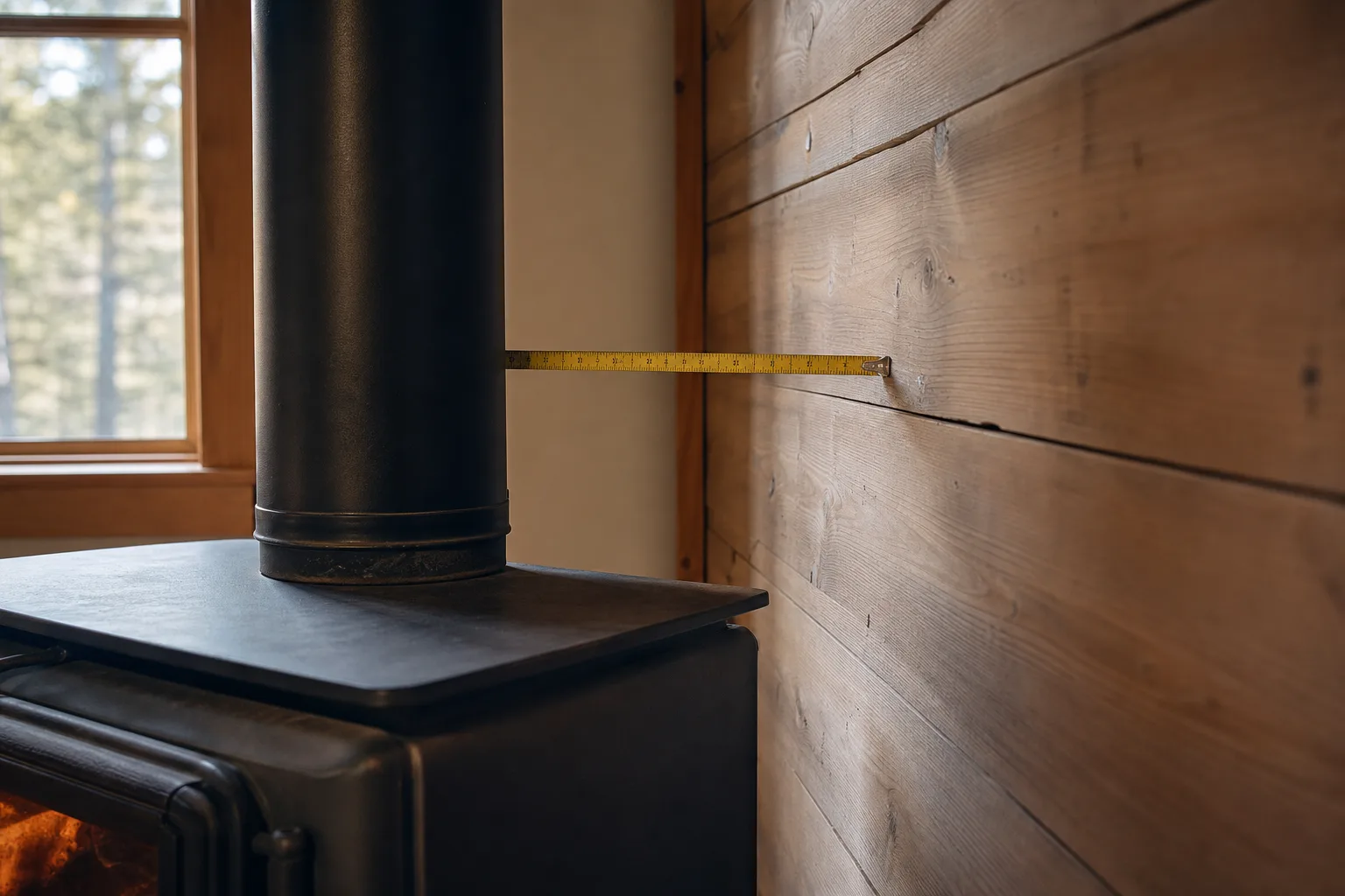 Chimney pipe clearance to combustibles being measured with a tape measure to a wood wall