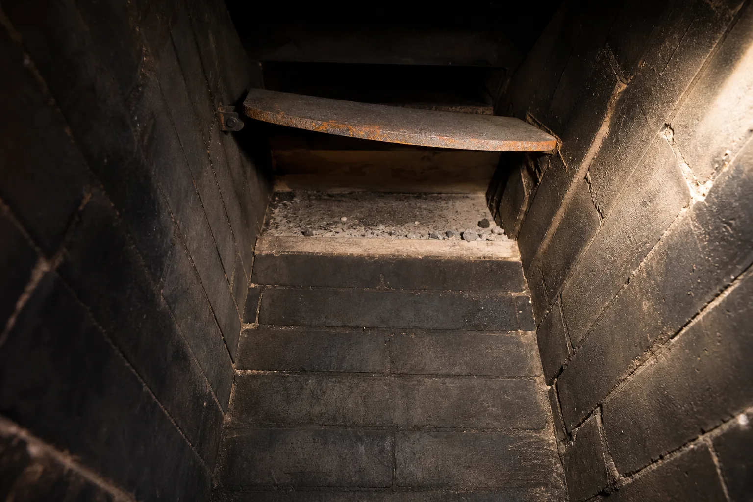 Smoke chamber parging context, looking up from the firebox past a rusty damper toward the smoke shelf