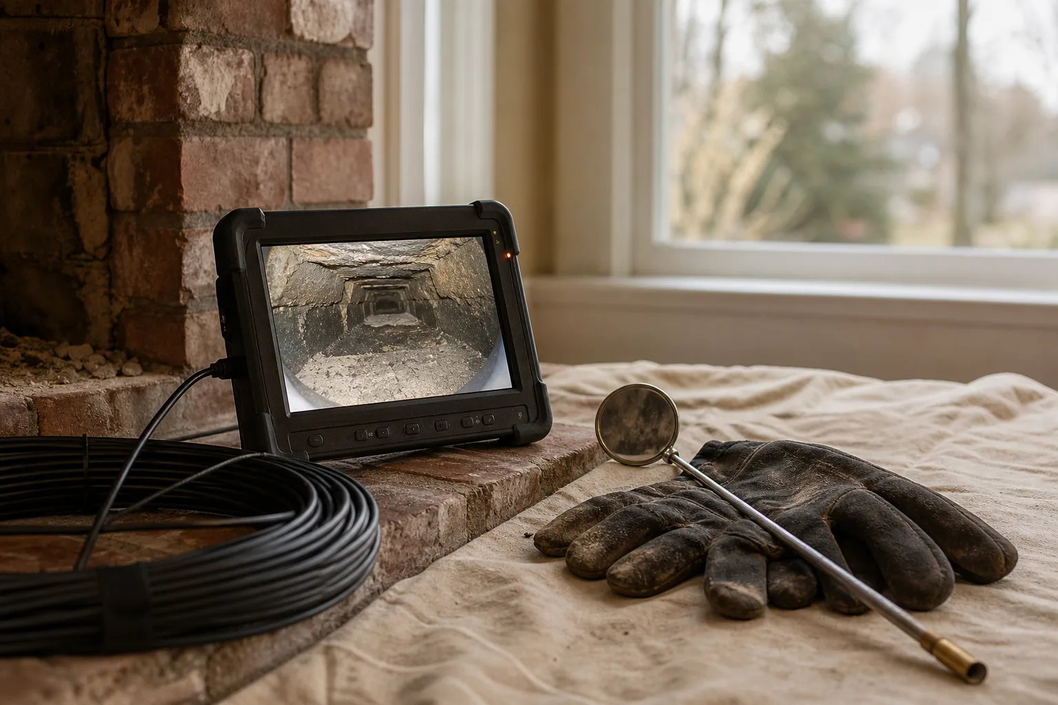 Smoke chamber parging evidence, an inspection camera monitor on the hearth showing the chamber interior