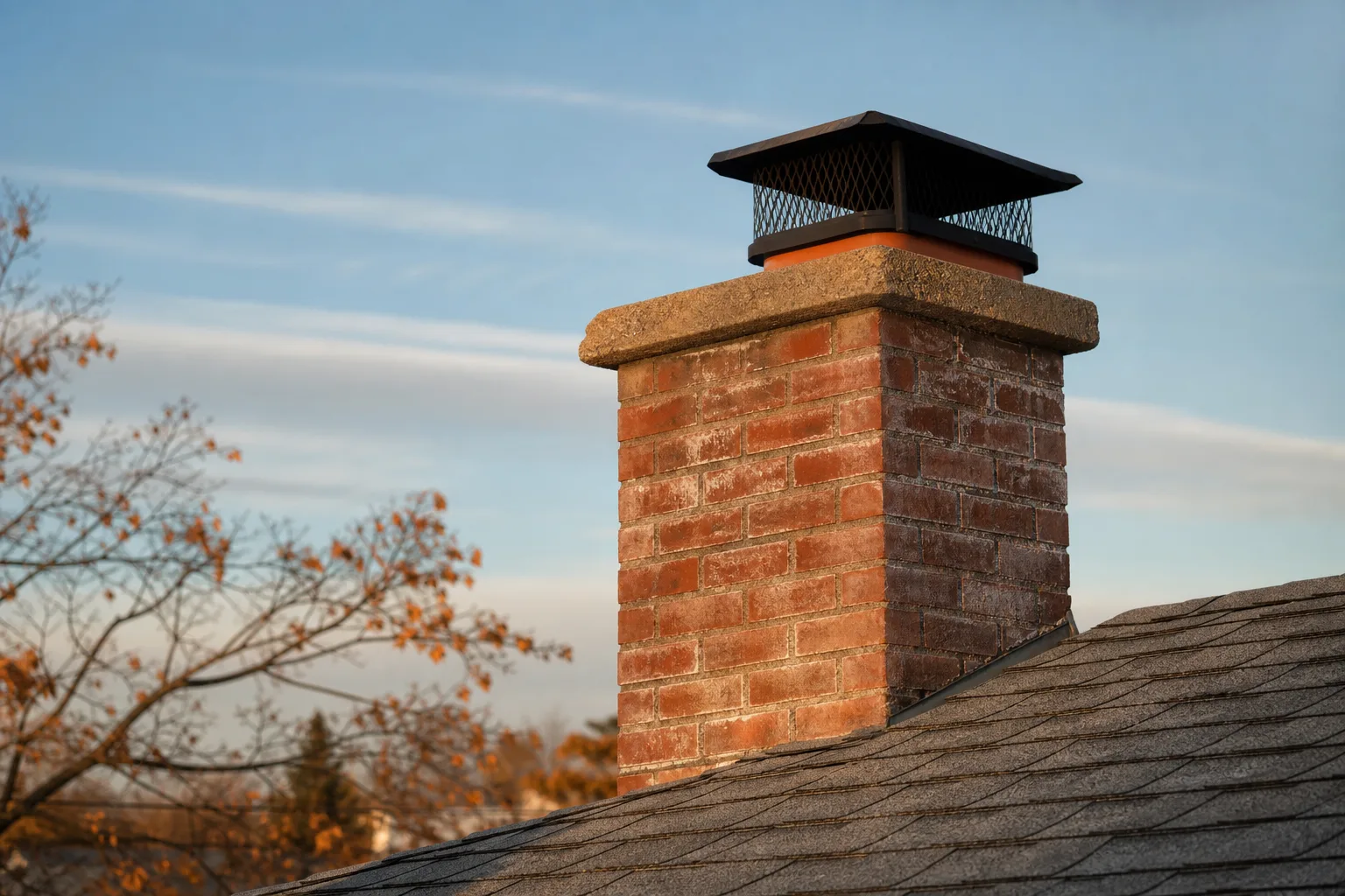 Smoke chamber parging is governed by code covering the whole chimney, shown here as a brick stack above a shingled roof