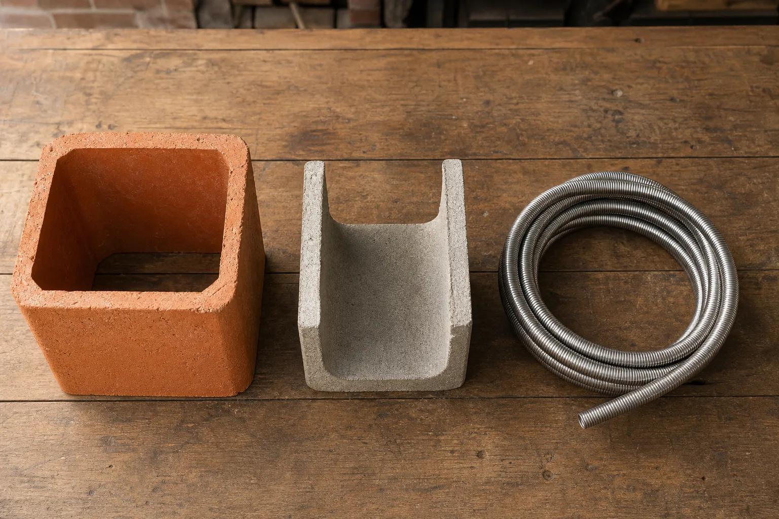 chimney flue liner materials compared: clay tile, a cast liner sample, and stainless steel flex liner