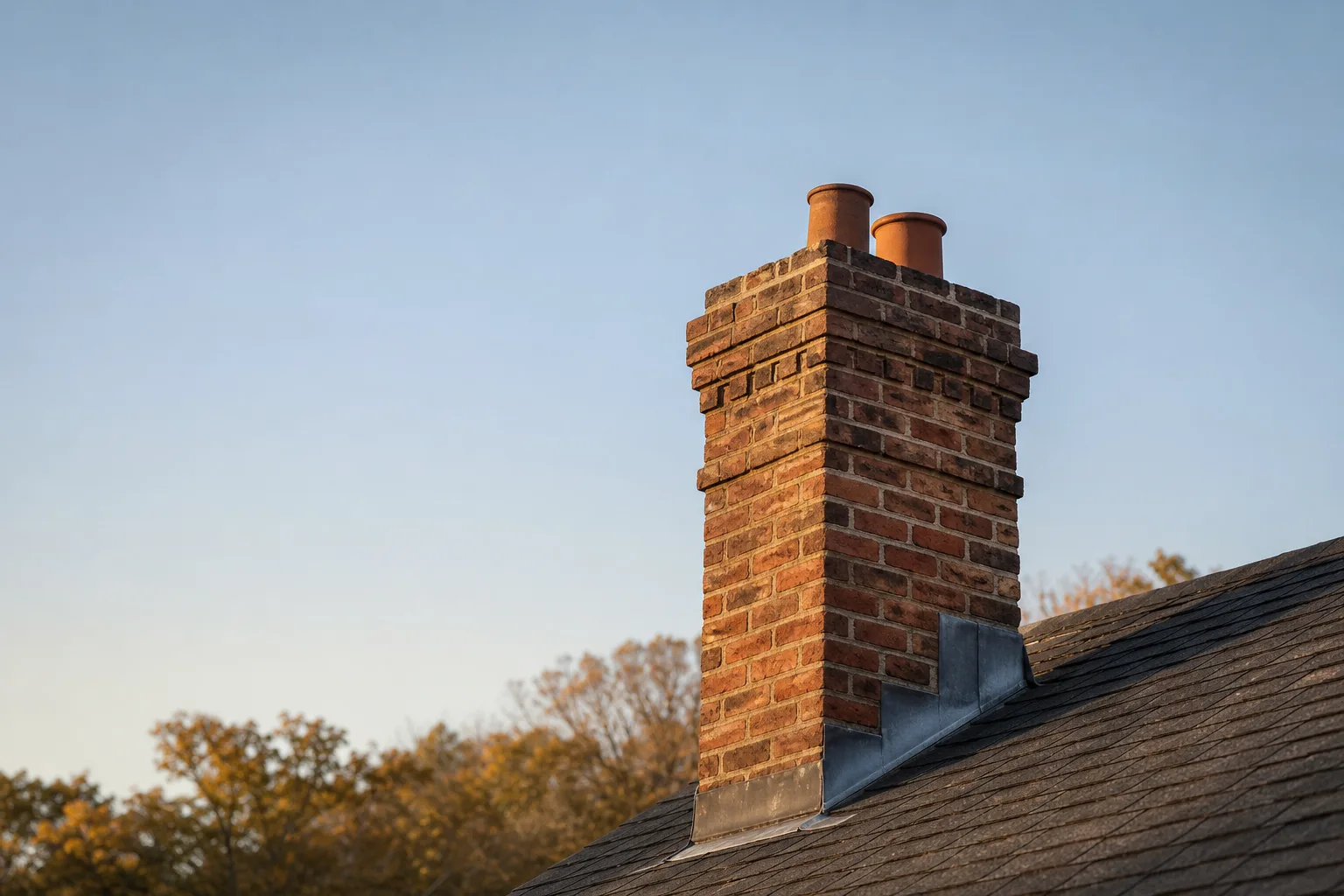 chimney flue liner: clay tile visible at the top of a brick masonry chimney above a shingled roof