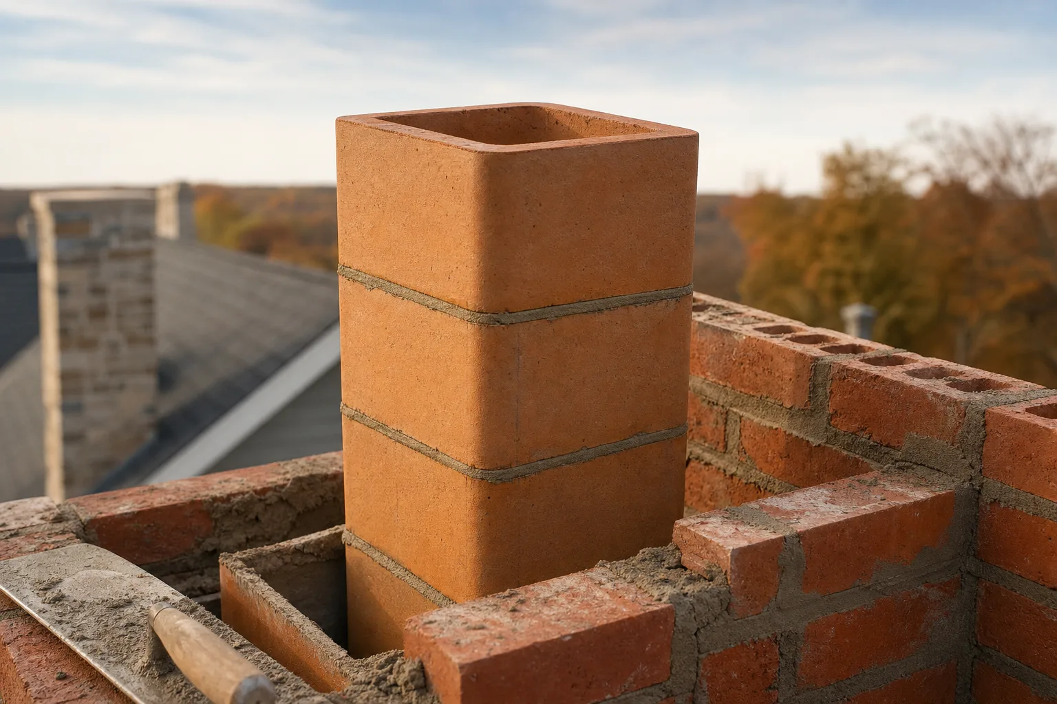 chimney flue liner made of stacked clay tiles inside a masonry chimney under construction
