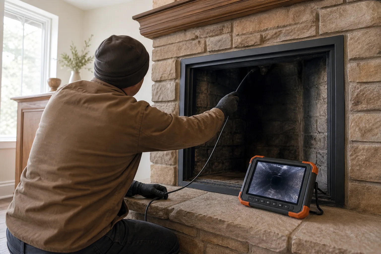 chimney flue liner inspection: a camera probe fed up the flue with the interior shown on a monitor