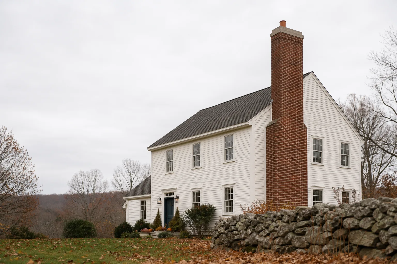 northeastern masonry & chimney brick stack on a New England clapboard house in late autumn