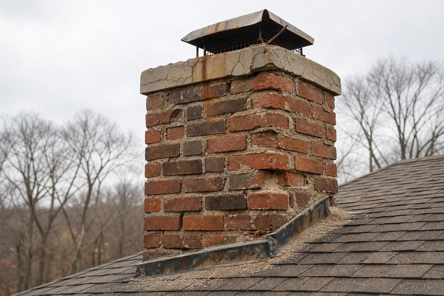 northeastern masonry & chimney stack above the roofline in typical worn condition