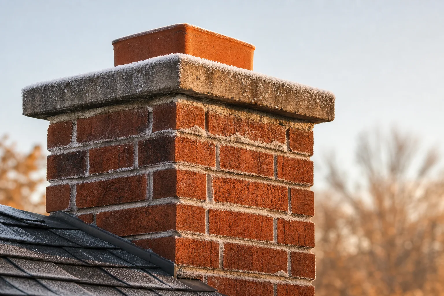 northeastern masonry & chimney upper stack with frost sitting in the mortar joints