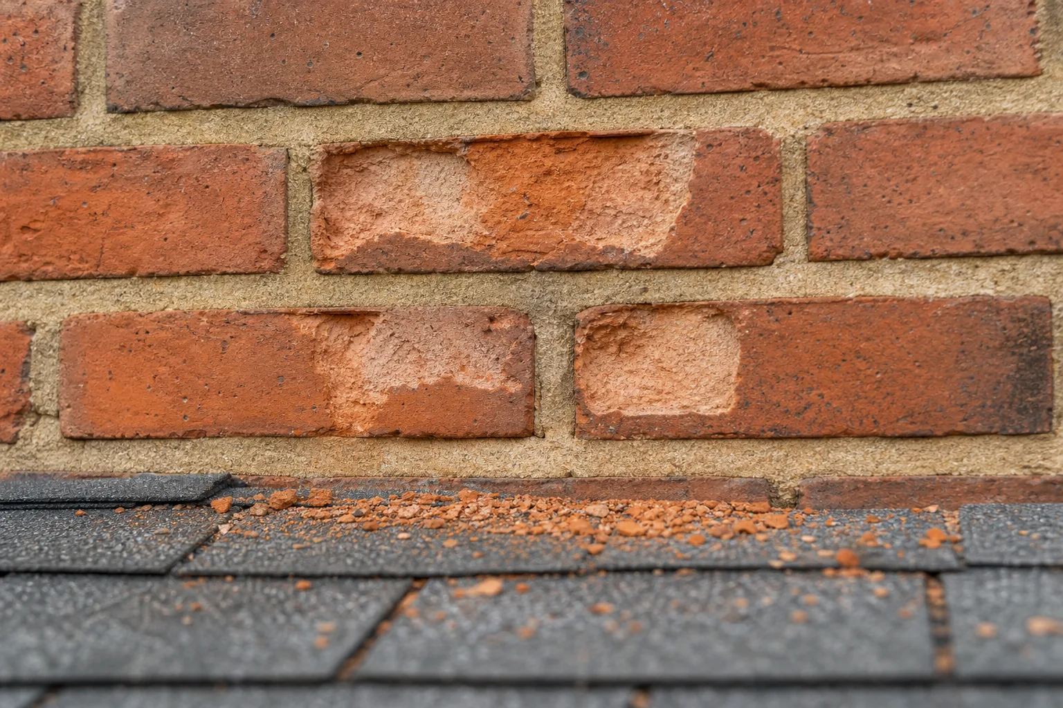 northeastern masonry & chimney brick spalling with fragments collected on the shingles