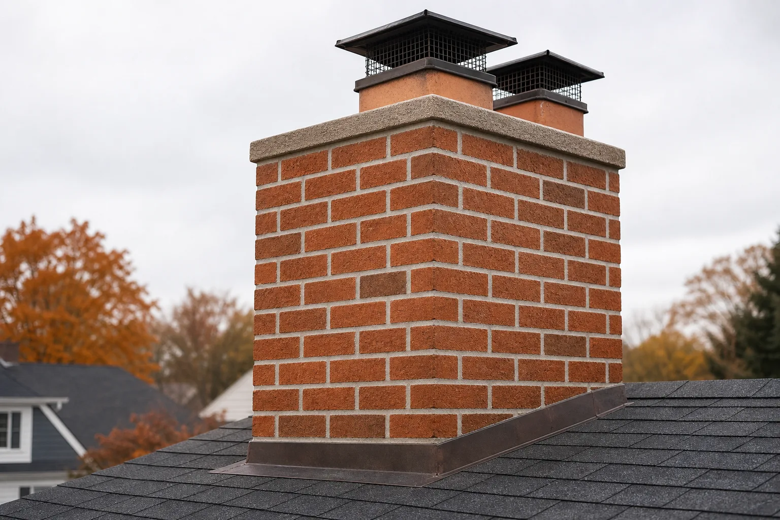 chimney repair services: the same chimney stack after tuckpointing, with fresh mortar joints against older brick