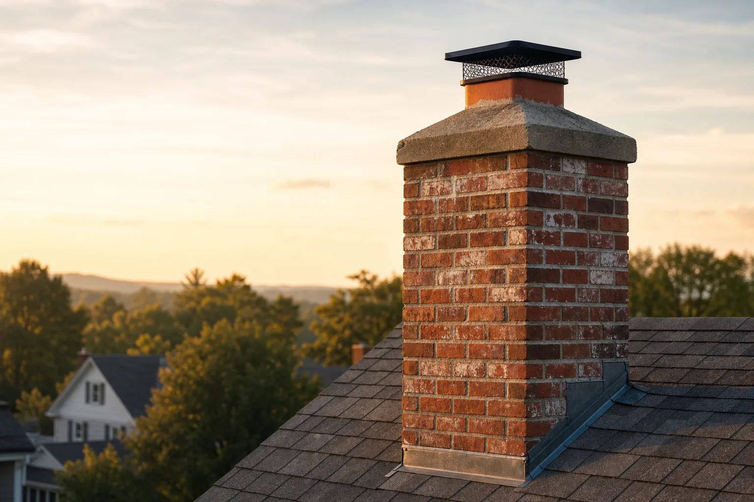 chimney repair services: a weathered brick chimney stack on an asphalt shingle roof at golden hour