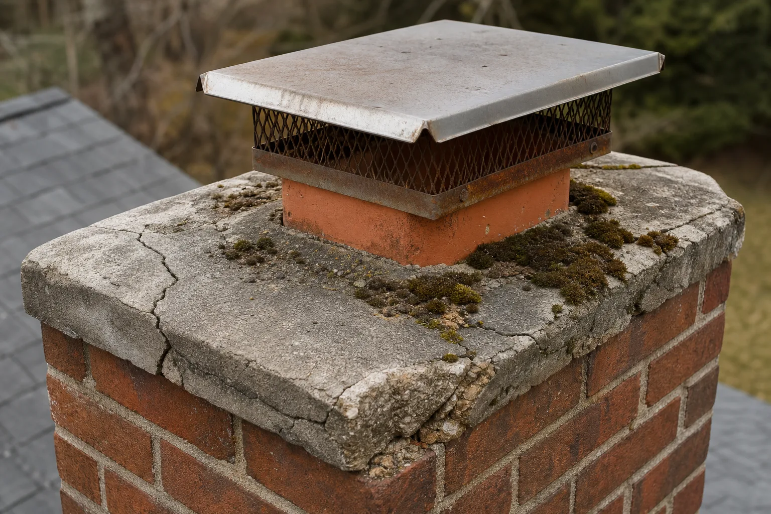 chimney repair services: a cracked concrete chimney crown with an exposed clay flue tile and weathered metal cap