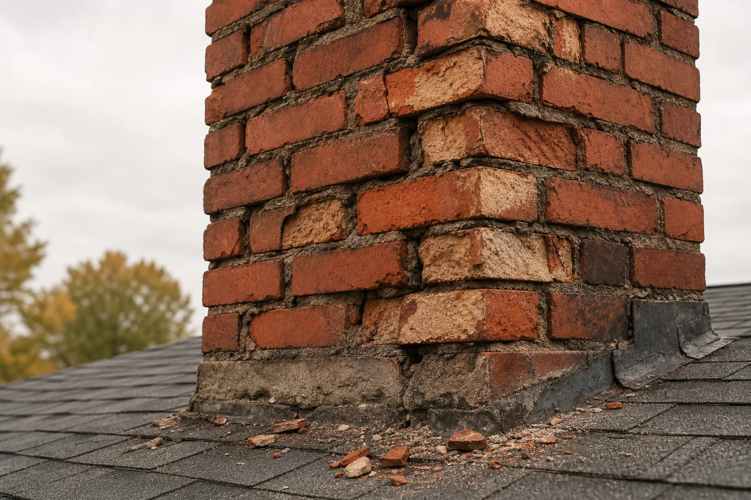 chimney repair services: spalling brick and deteriorated mortar joints on a worn chimney stack
