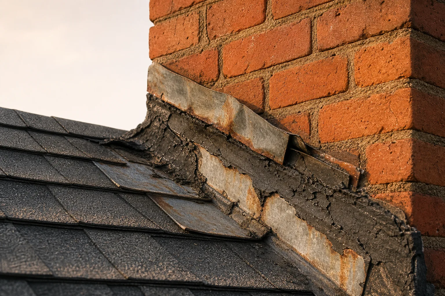 chimney repair services: failed rust-streaked chimney flashing with old tar from a previous repair