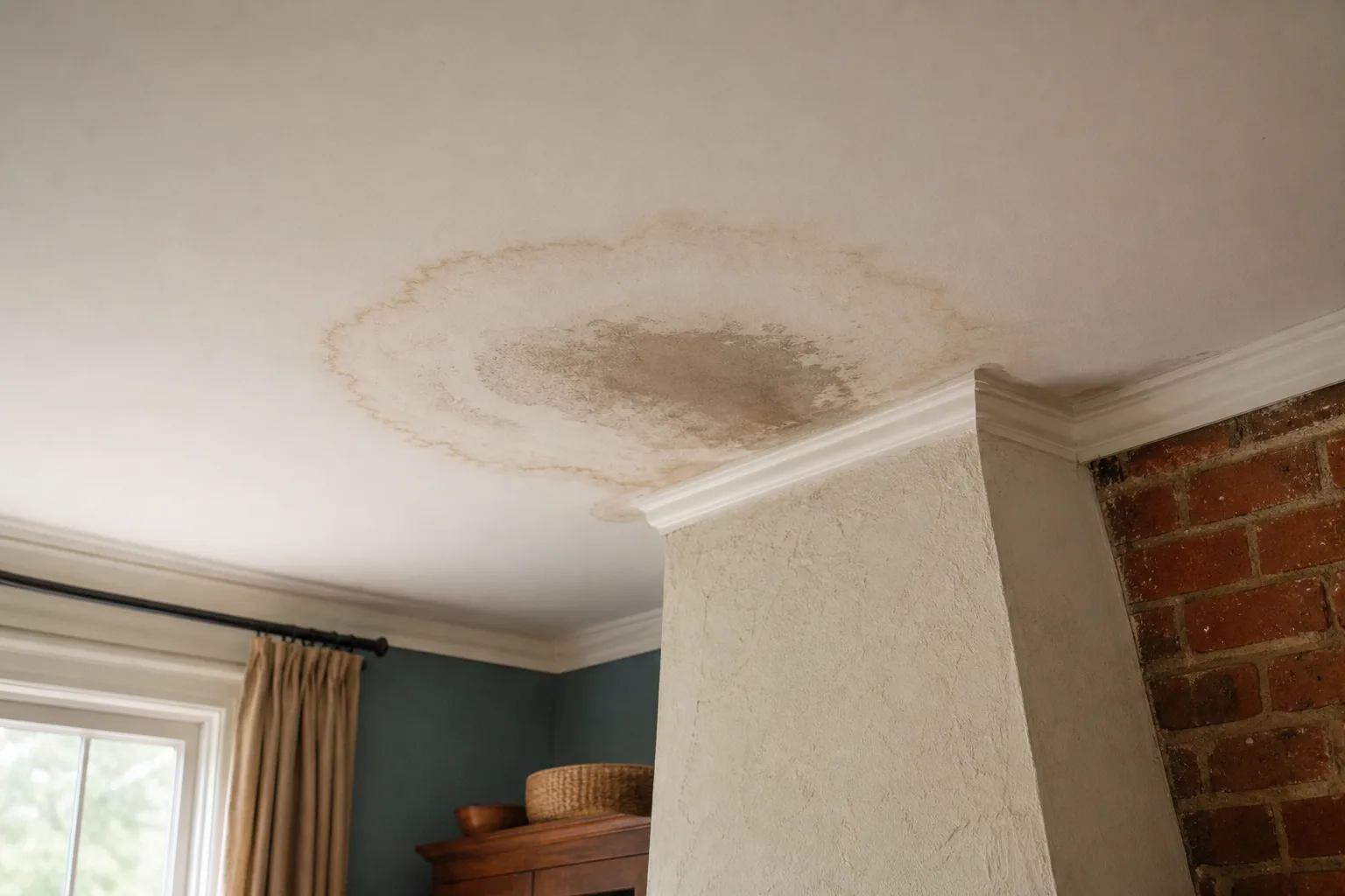 chimney repair services: a brown water stain on a living room ceiling beside the chimney breast