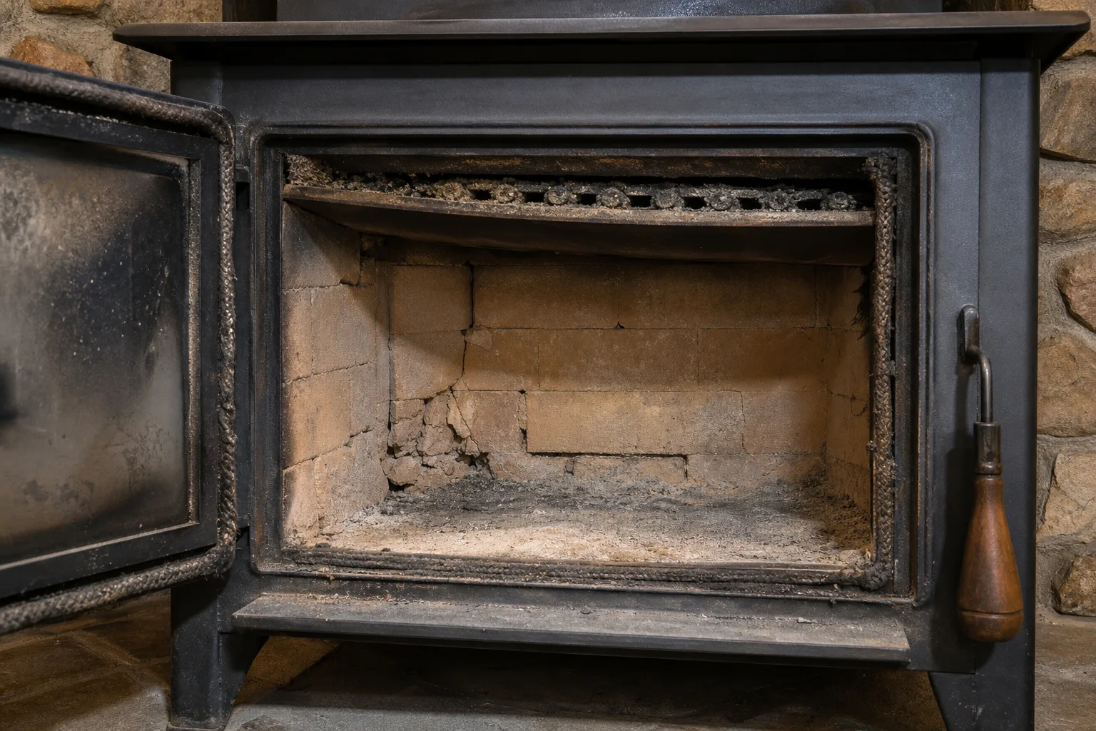 Wood stove maintenance findings: a worn firebox with cracked firebrick, a flattened door gasket and ash-clogged air tubes