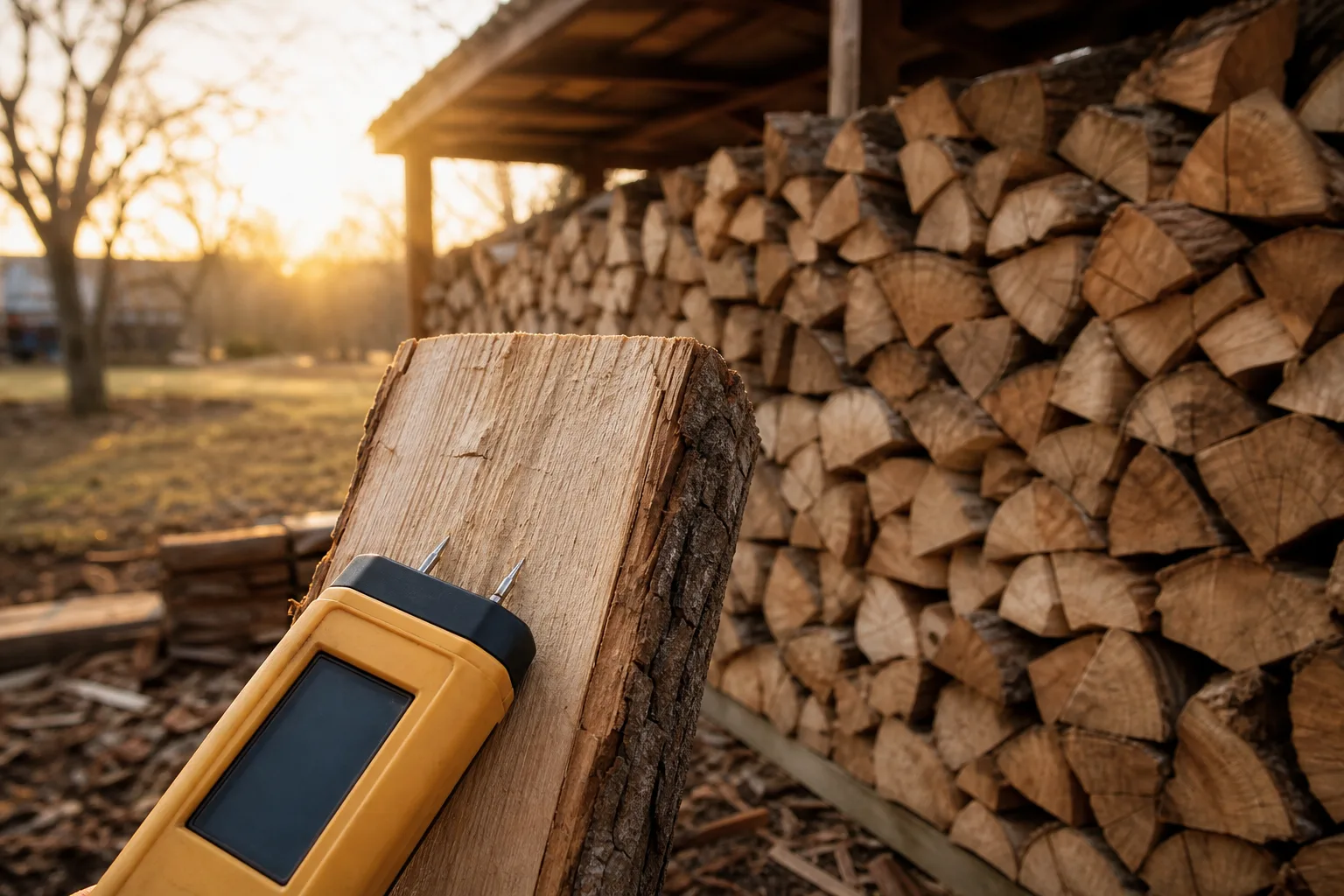 Wood stove maintenance begins with fuel: a moisture meter reading a freshly split face on a stack of seasoned hardwood