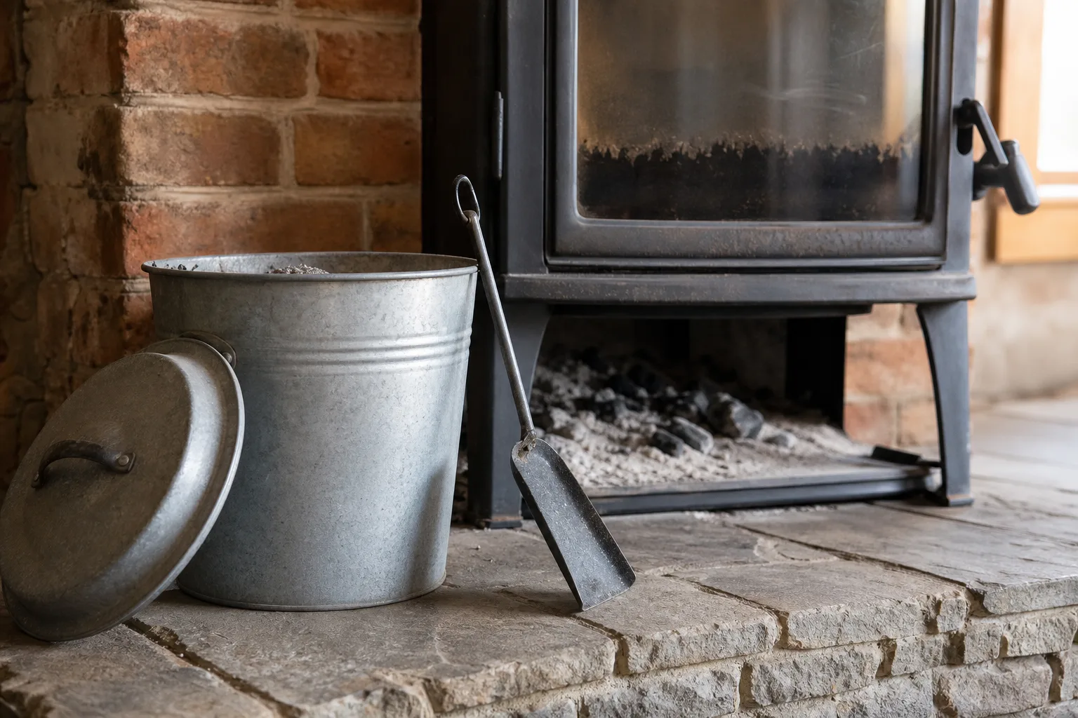 Wood stove maintenance during the season: ash in a lidded metal pail beside the hearth and a half-cleaned glass door
