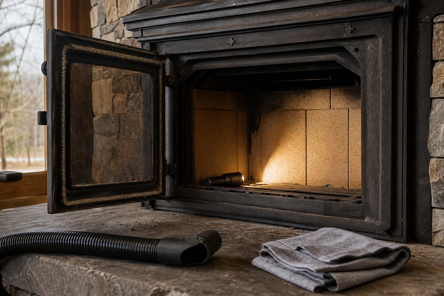 Wood stove maintenance before the first fire: a cold empty firebox lit by a flashlight during the pre-season inspection