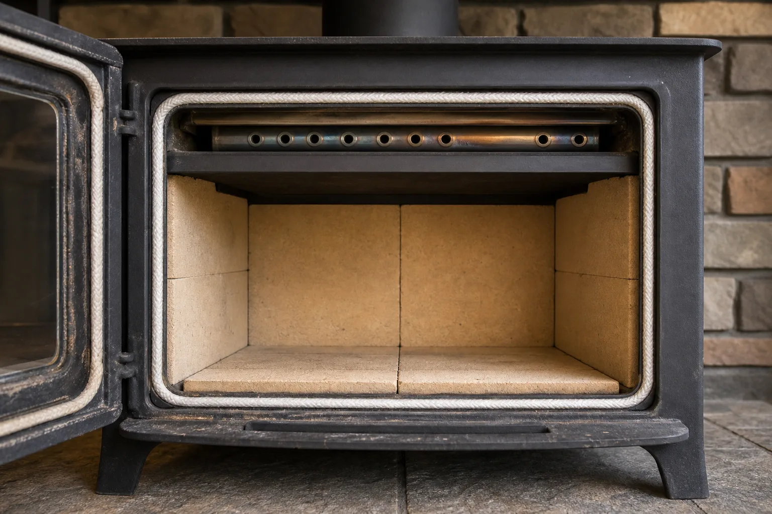 Wood stove maintenance done: the same firebox with sound firebrick, a fresh rope gasket and clear secondary air tubes