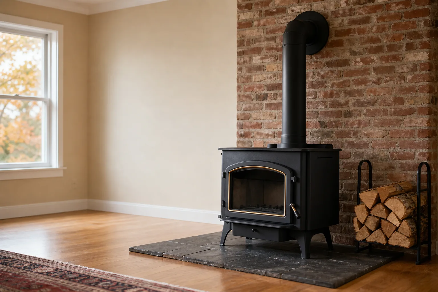 Wood stove maintenance starts here: a black cast iron stove on a slate hearth pad before the first fire of the season