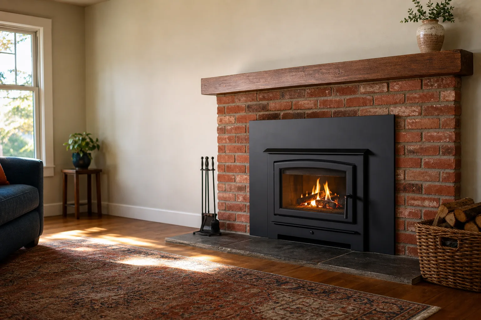 fireplace insert installation cost shown by a black insert seated in a brick fireplace opening