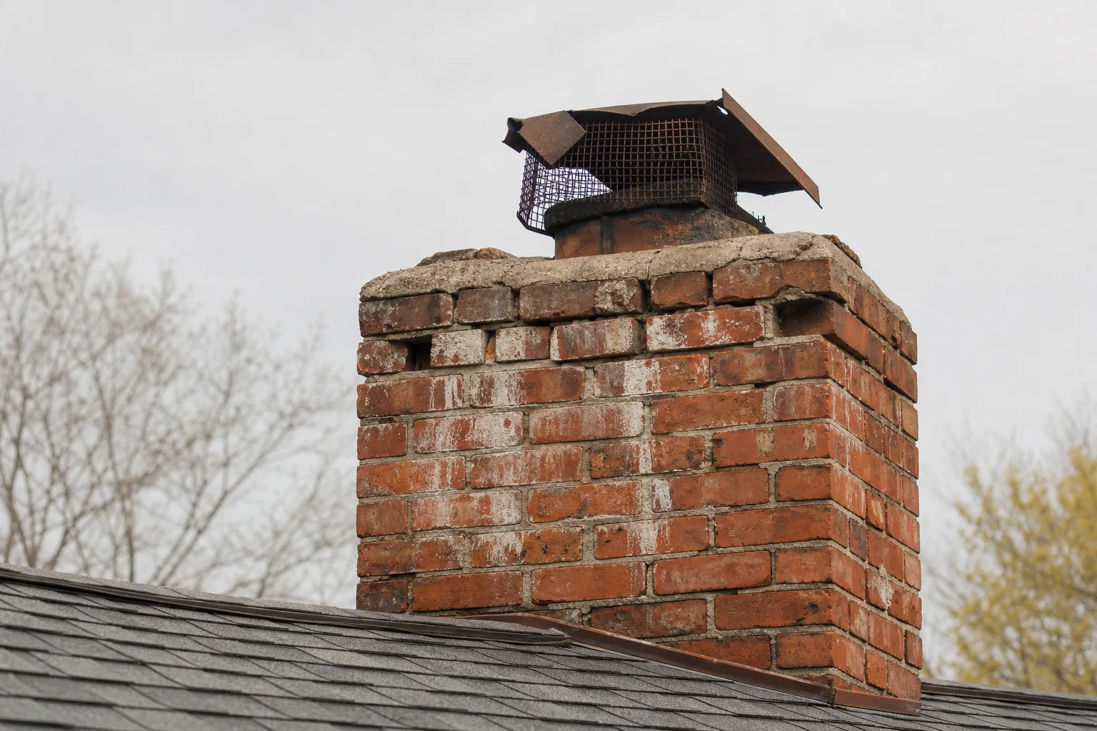 fireplace insert installation cost rises when a chimney shows this typical worn crown and mortar condition
