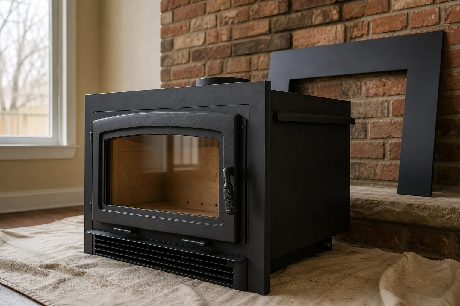 fireplace insert installation cost starts with the appliance, a black steel insert waiting on the floor