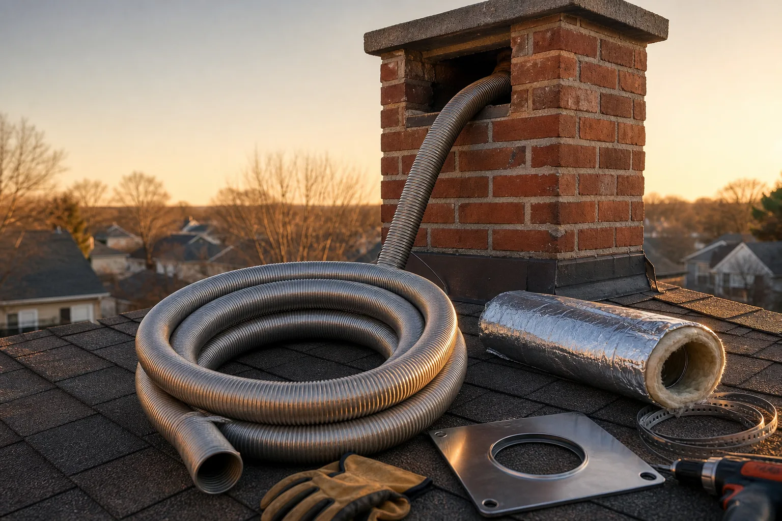 fireplace insert installation cost is driven by the stainless liner coiled on the roof beside the chimney