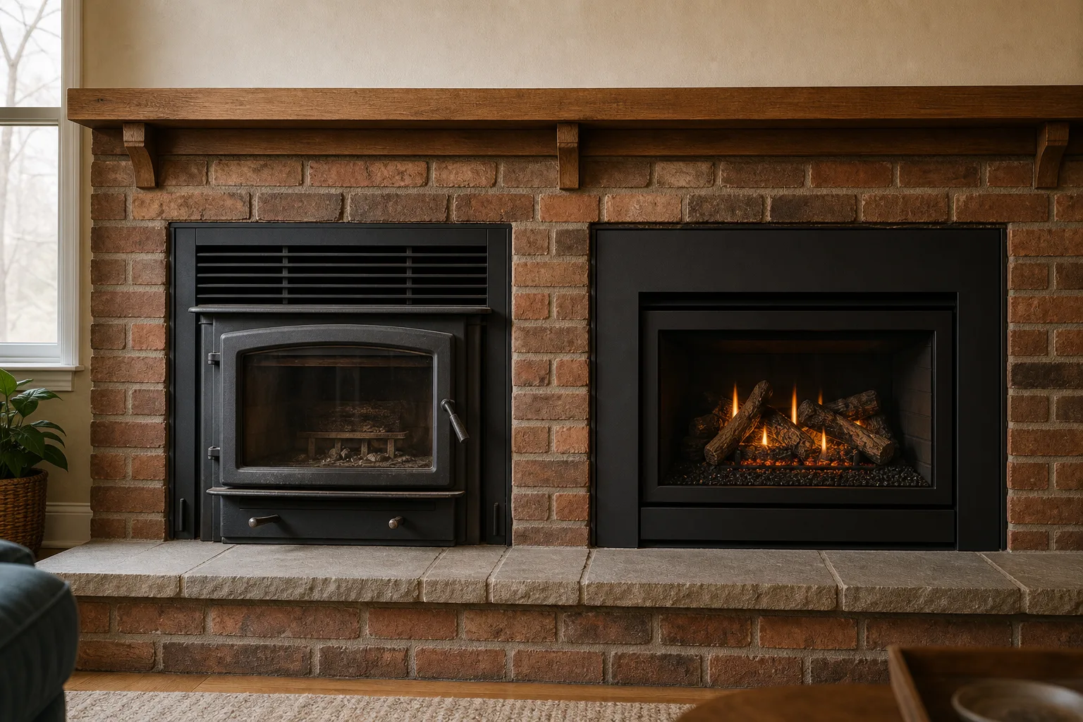 fireplace insert installation cost differs between the wood insert and gas insert faces shown here