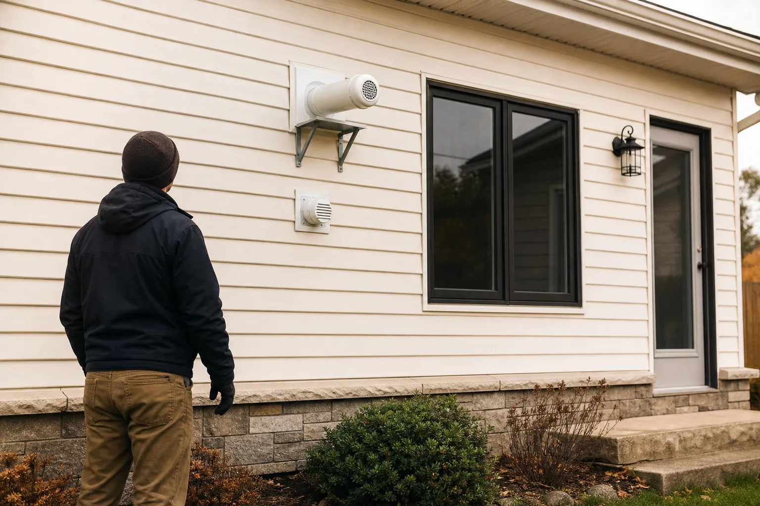 Pellet stove venting passes through an exterior wall with a separate air intake