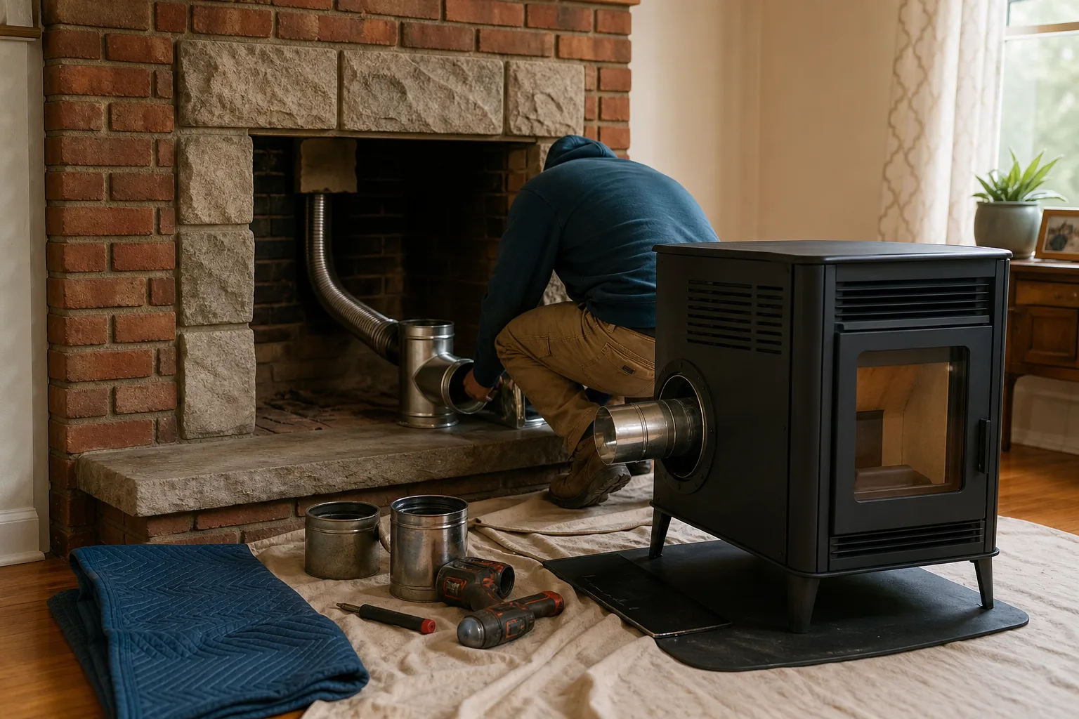Pellet stove chimney liner being fitted inside an existing masonry fireplace flue
