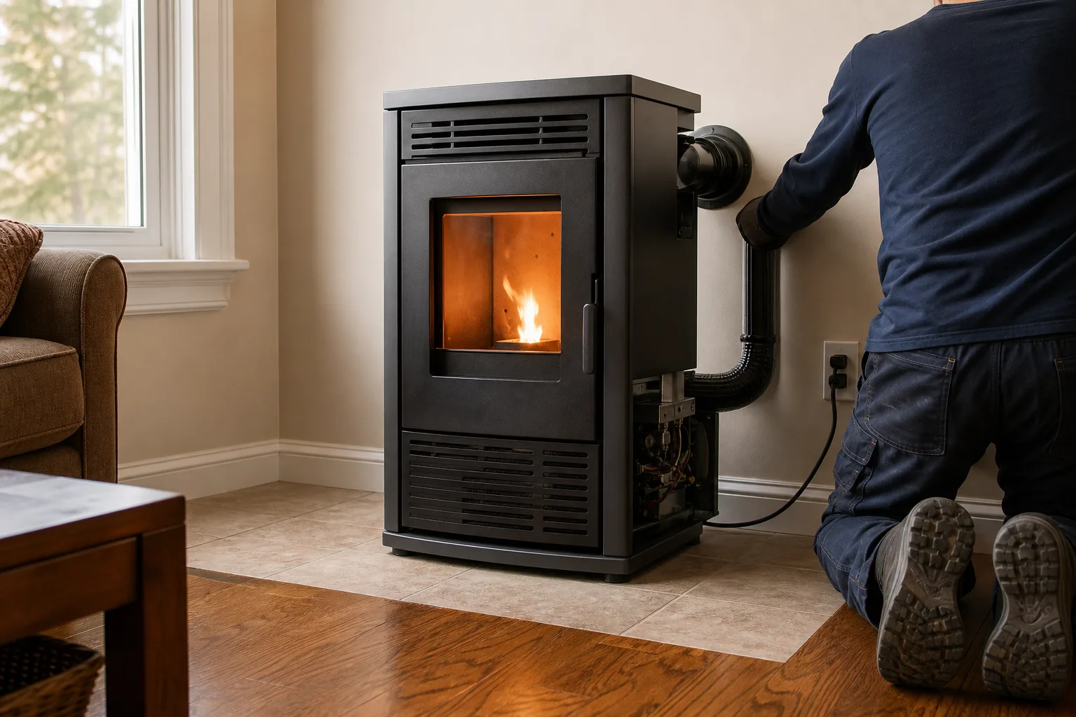 Pellet stove installer testing a newly connected appliance in an American living room