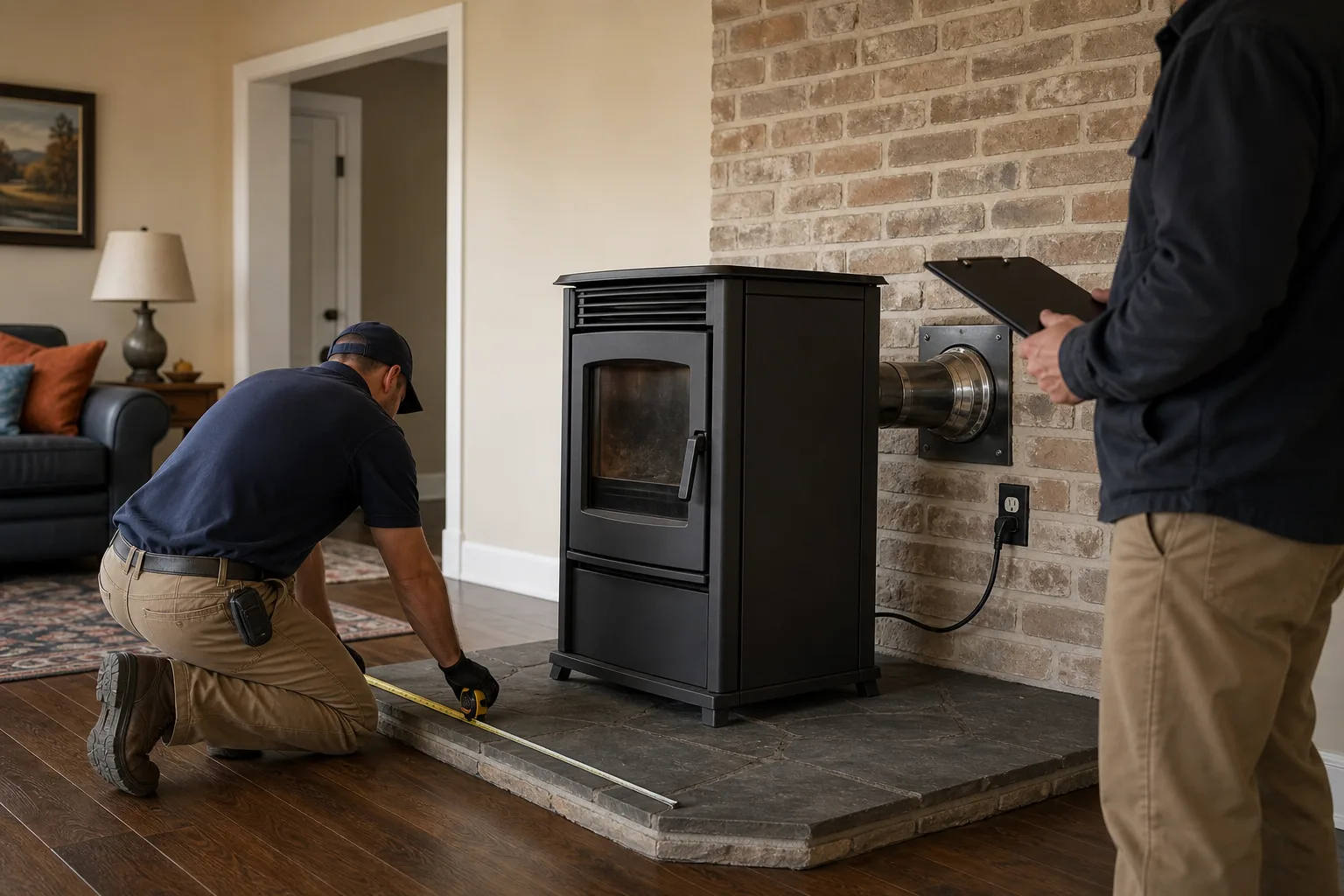 Pellet stove clearance inspection beside a measured hearth in a finished living room